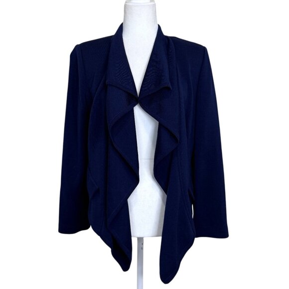 St. John Navy Blue Open Front Cardigan Jacket Draped Front Womens Size 10 - Picture 1 of 8